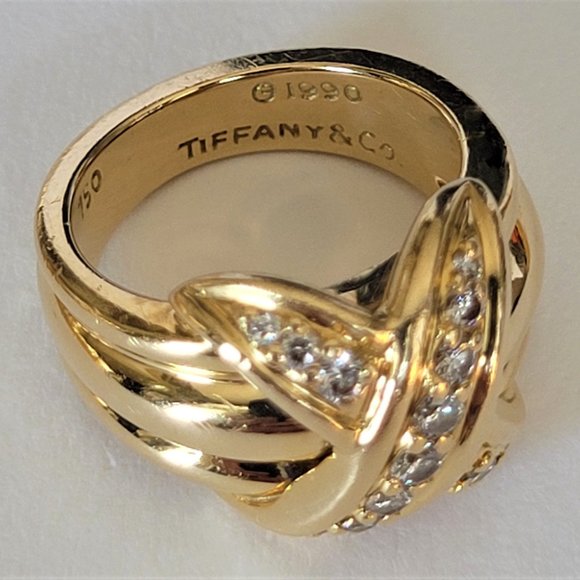 Vintage Tiffany & Co 18K Yellow Gold Diamond Signature X Band Ring - Picture 8 of 16